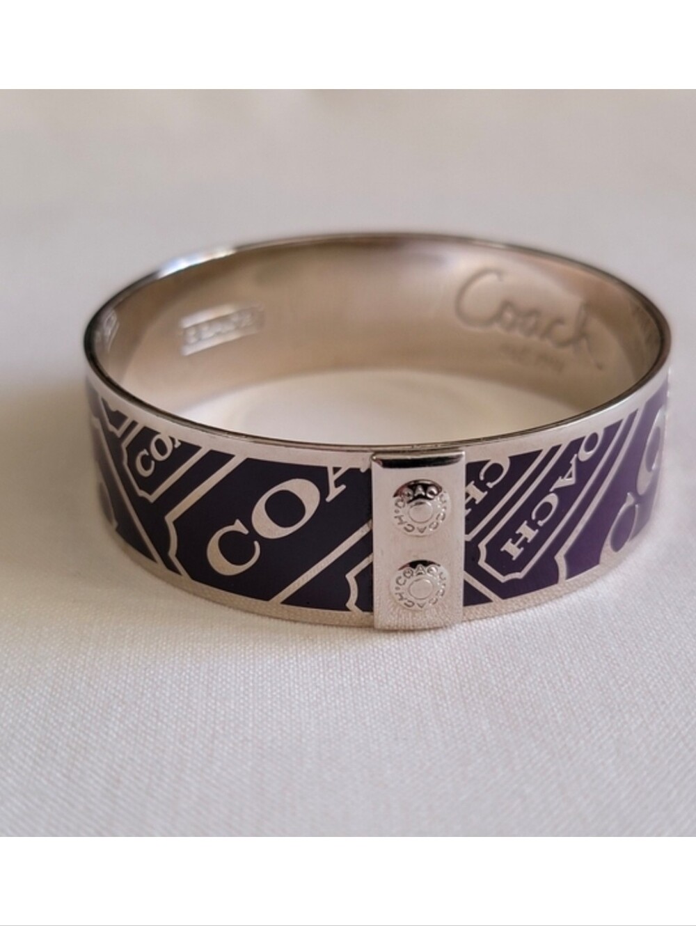 Coach Purple Silver Tone Logo Bangle Bracelet 7.5 Inch Women’s EUC